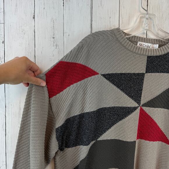 VTG St. Croix Knits Taupe/Black/Red Abstract Grandpa Crewneck Sweater Size Large - Picture 2 of 13